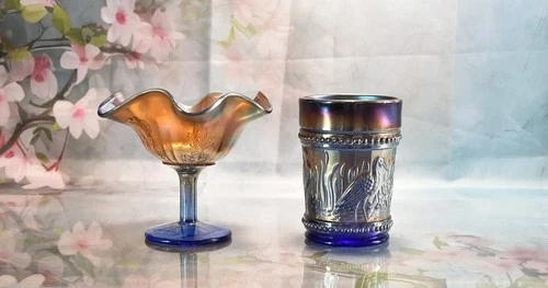 2~Carnival Glass Blue RIB/HOLLY SPRIG Compote & Cobalt Peacock Fountain Tumbler