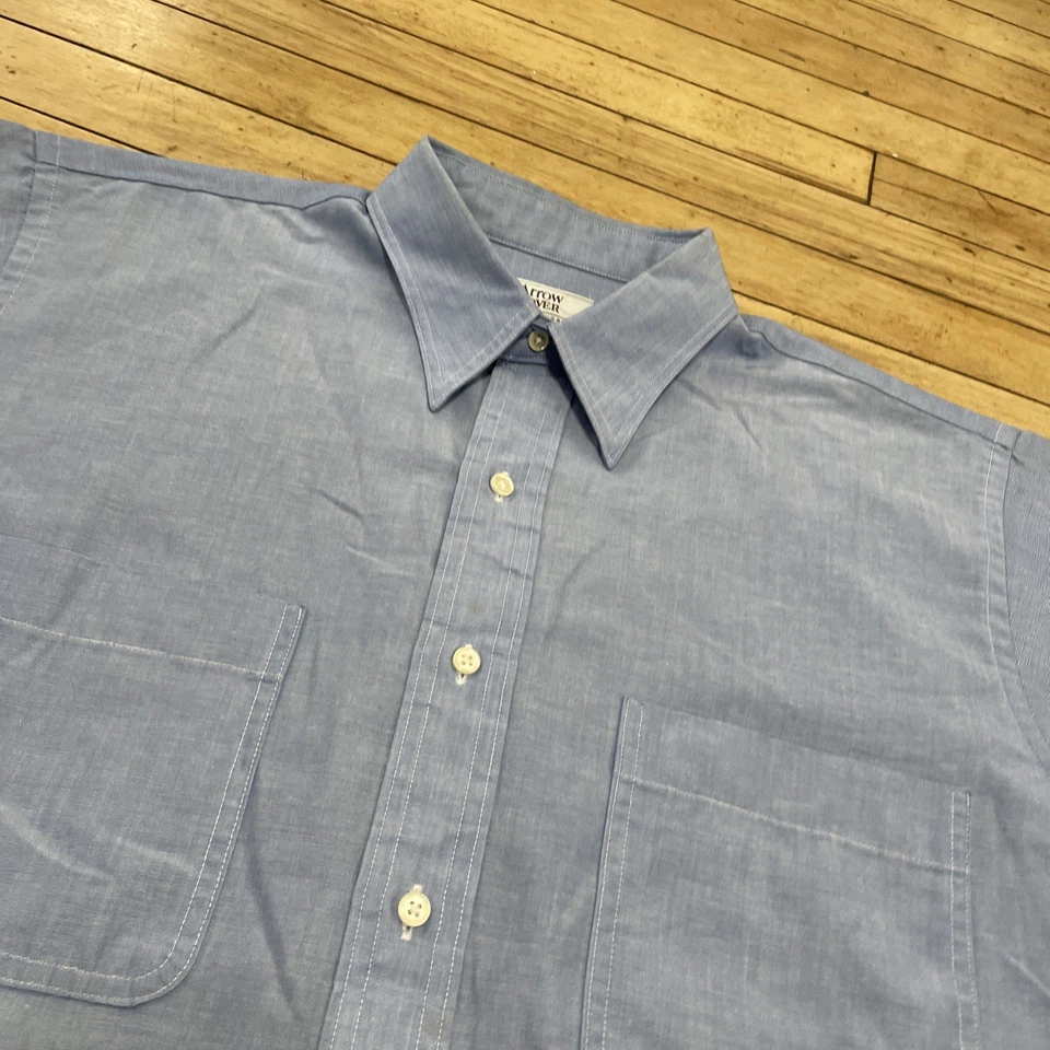 Camisa De Colección Años 90 Arrow Dover Hombres 16.5 Hecha en EE. UU. Azul Punto Botón Manga Corta Foto 4 de 4