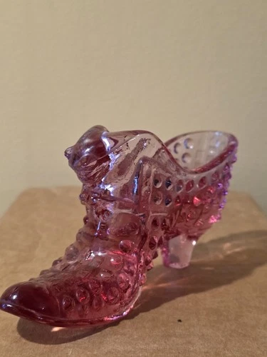 VTG Fenton Pink Glass Hobnob Shoe w/ Cat Head...collectible & decorative glass
