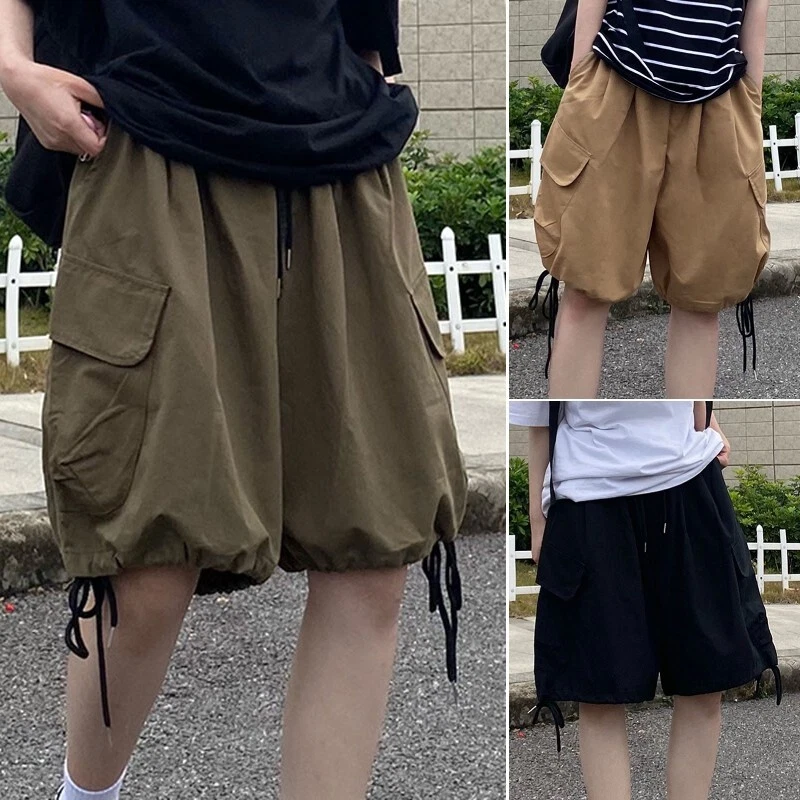 Women Knee Length Cargo Shorts Half Pants Drawstring Waist Baggy Loose Retro