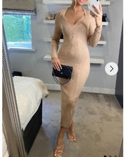 Soft Knitted Ribbed Midi Bodycon front twist design Dress In Beige Black