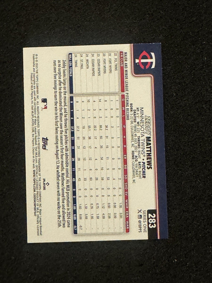 2025 Topps Baseball Series 1 #283 Zebby Matthews, Minnesota Twins