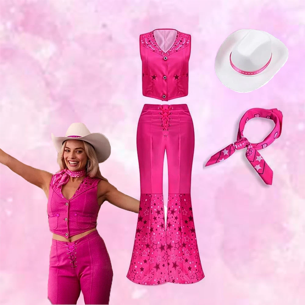 Barbie Movie Margot Robbie Pink Barbie Western Cowgirl Ladies Costume And  Hat