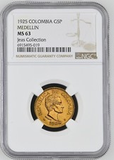 COLOMBIA, Medell?n, gold 5 pesos, 1925, 5 in date with die-crack, NGC MS 63
