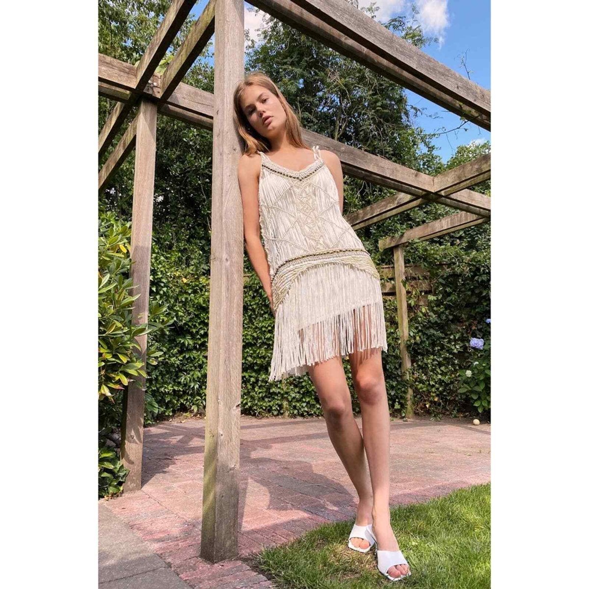 knee length dresses for ladies Tropical Mix Halter Top Short Dress With Macramé E4623A1651 – Agua de Coco main image 0