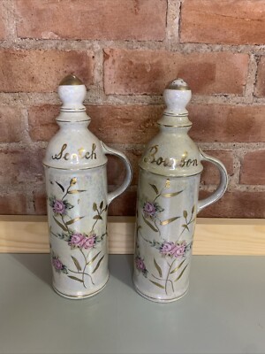 Vintage  Mid Century Ceramic Bourbon Scotch Decanters Barware Floral Pattern