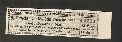 Germany Dividenden Zinsschein Barbarino + KO Pfaeffle AG in Munchen Coupon Kupon - Picture 1 of 2