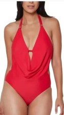Bar III PARADISE RED Solid Cowlneck One-Piece Swimsuit, US Small New Reatil 88.