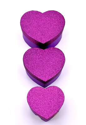Glitter Heart Box Set,3x,Purple Glitter,White interior,Lid,Heart Shaped