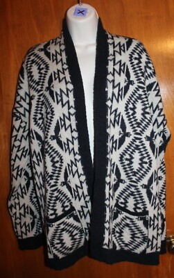 MAVI Ladies' Large OPEN-FRONT CARDIGAN SWEATER (black/ivory w/ long sleeves) EUC