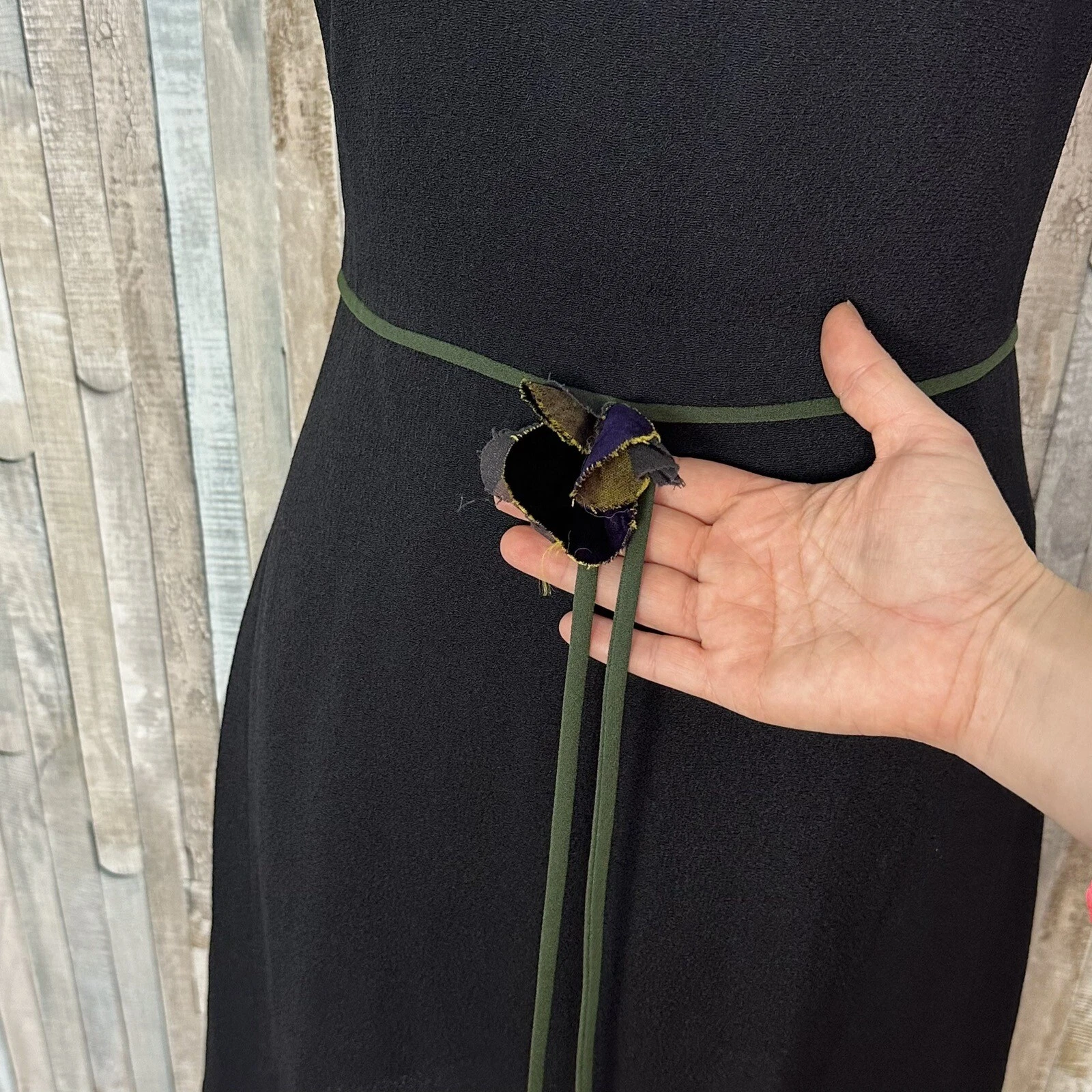 Abito Moschino Cheap Chic XS 90 Vintage Nero Shift Fiore Applicato Lana Crepe