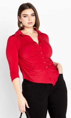 Avenue Woman's Plus Size 26/28 Red Collared Button-Down Y2K Sexy Red Top