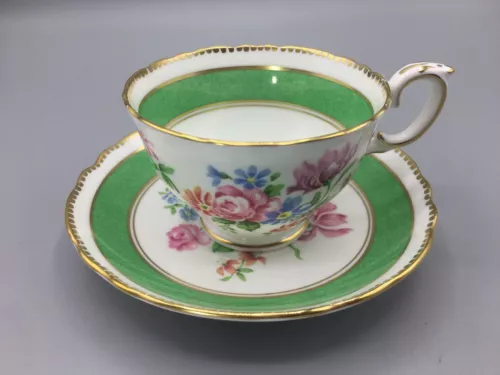 Crown Staffordshire Green Gold Floral Bone China Teacup & Saucer England Vintage