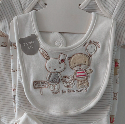 George Tiny Baby Unisex White 8 Piece Starter Set Rabbit Teddy & Striped Layette - Picture 6 of 10