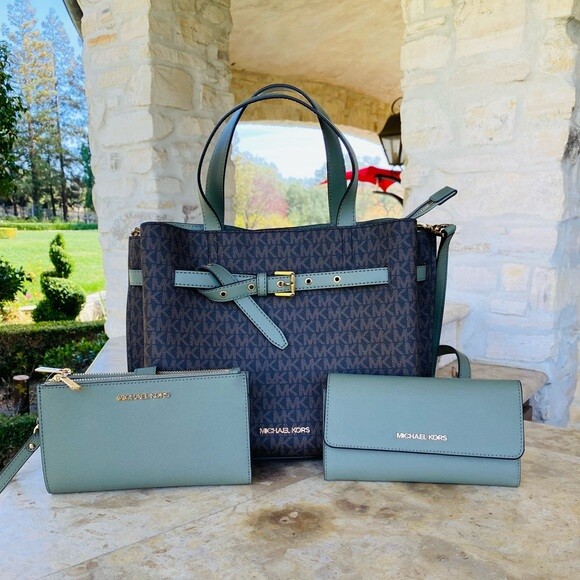 Michael Kors Emilia Large Satchel Crossbody MK Signature/Wallet Optio Army  Green