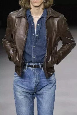 Celine Inspired Men Fashion Show Brown Leather Jacket Hedi Slimane Runway Paris