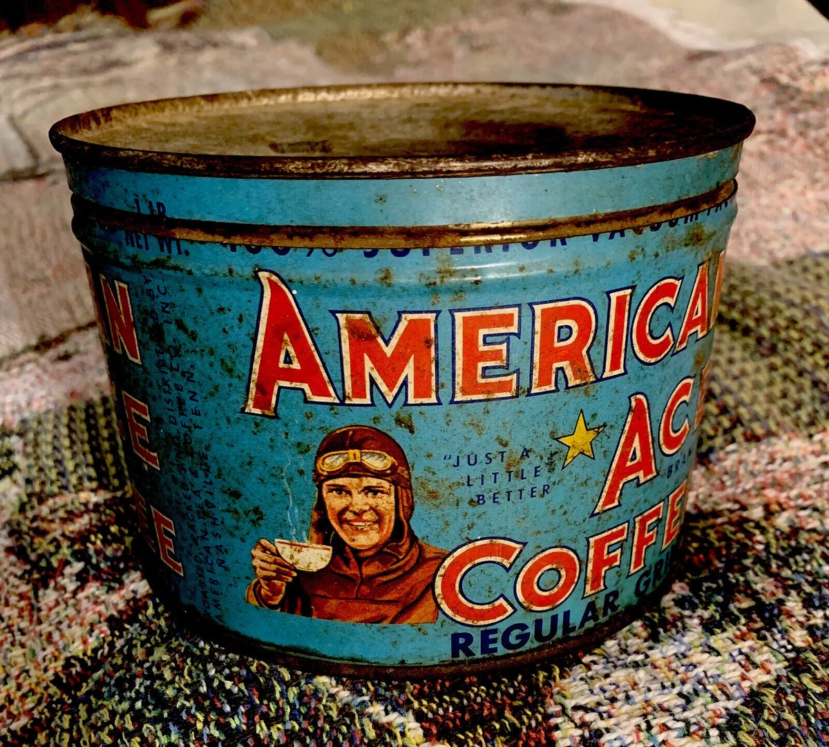 アメリカヴィンテージバンビ缶 WW2 ERA 1LB VINTAGE AMERICAN ACE COFFEE TIN CAN LITHO FIGHTER