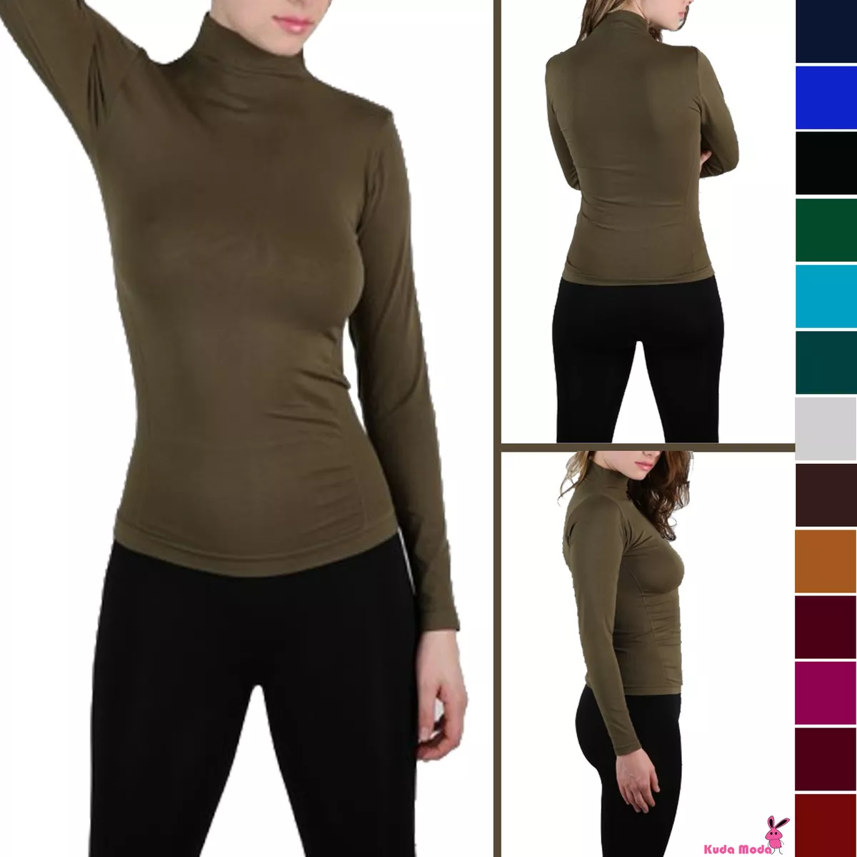 ESSENTIAL BASIC LONG SLEEVE SEAMLESS MOCK TURTLE NECK T-SHIRT STRETCH TOP