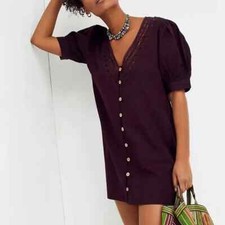 Free People Mari Lace Trim Puff Sleeve Mini Dress, Wine Red, X-Small, RRP $60