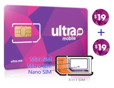 Preloaded ULTRA MOBILE Mini+Micro+Nano(3in1)SIM Card + $19X2 Month FREE SHIPPING