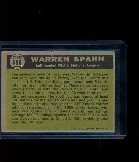 1961 Topps WARREN SPAHN Sporting News ALL-STAR High #589 Milwaukee