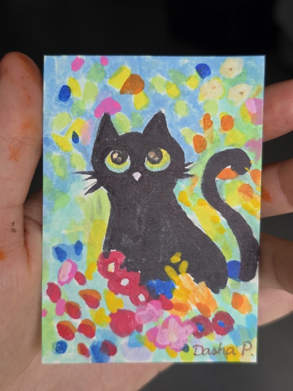 ACEO original painting Cat in a meadow with flowers, by Dasha Prudnikova