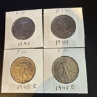 4 Walking Liberty 90% SILVER Half Dollar 1943,1944,1945 S, 1945 D