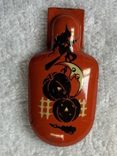 Vintage lata 1940. T Cohn Czarownica Halloween i dynia Puszka Litho Noise Maker Clicker