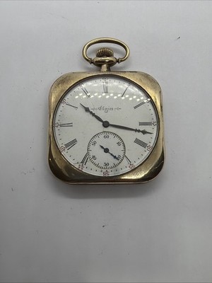 Elgin 15J 14K Yellow Gold Filled 25YR 12s Square Art Deco Pocket Watch Runs