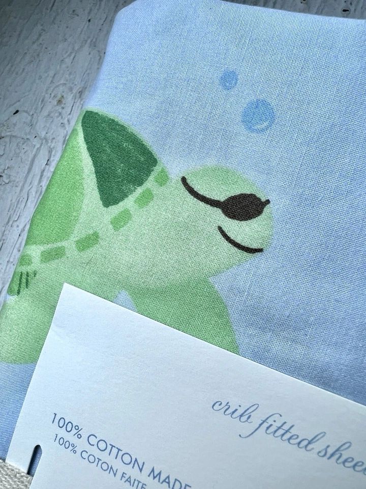 Pottery Barn For Kids Fitted Turtle Crib Sheet New - Image 3 of 4