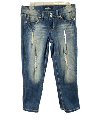 YMI Ankle Jeans Juniors Size 9 Distress Medium Wash Denim Thick Stitch Stretch