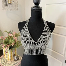 Western Fashion Glass Beaded Dangle Fringe Halter Top Adjustable One Size  