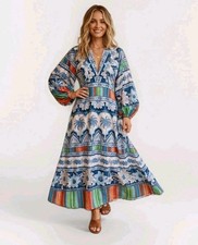 Anthropologie Farm Rio Blue Palms Midi Dress Boho Multicolor L Excellent! HTF!