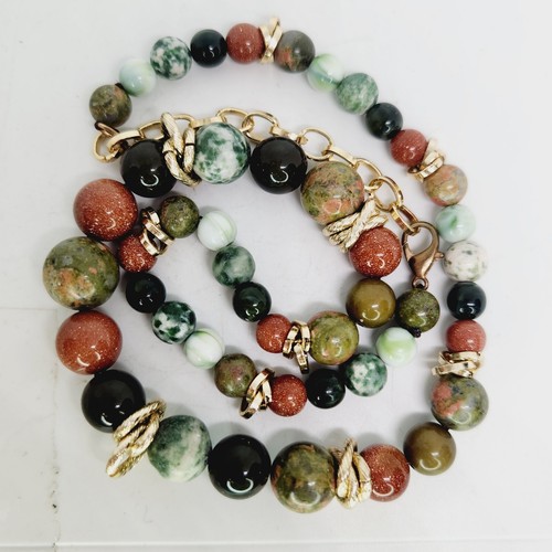 Vtg Semi Precious Natural Stone Beaded Ball Necklace Goldstone Unakite Gold Tone - Picture 7 of 8