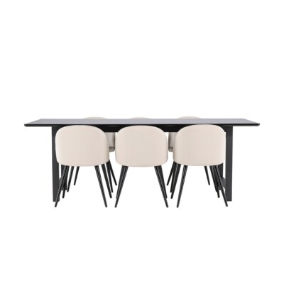 Oslo Essgruppe Esstisch 100x220cm schwarz und 6 Skagen Stuhl velour beige.