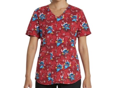 Disney Women's V-Neck Stitch Candycane Red Scrub Top XL New w/Tag