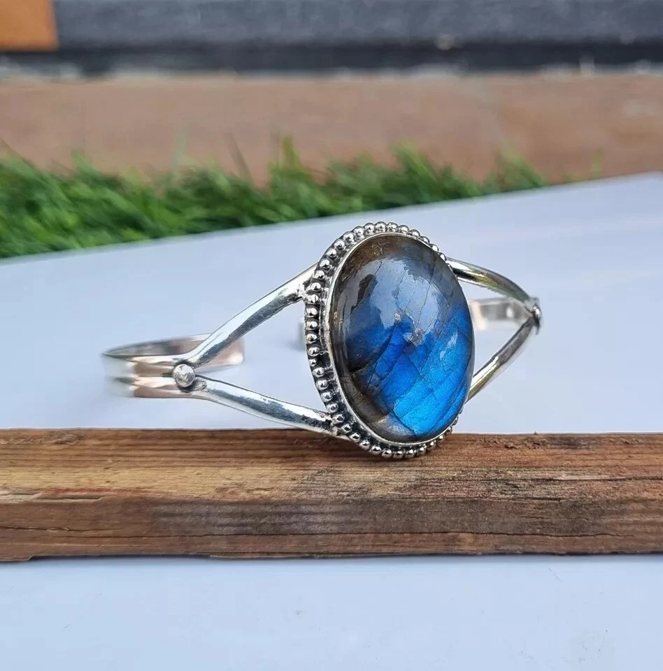 Hermoso brazalete y pulsera de labradorita, brazaletes de plata de ley 925 para mujer Foto 3 de 4