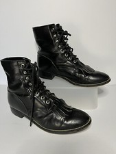 VTG Justin Women Kiltie Lace Up Ropers Boots Pebbled Black Leather Sz 6.5Y