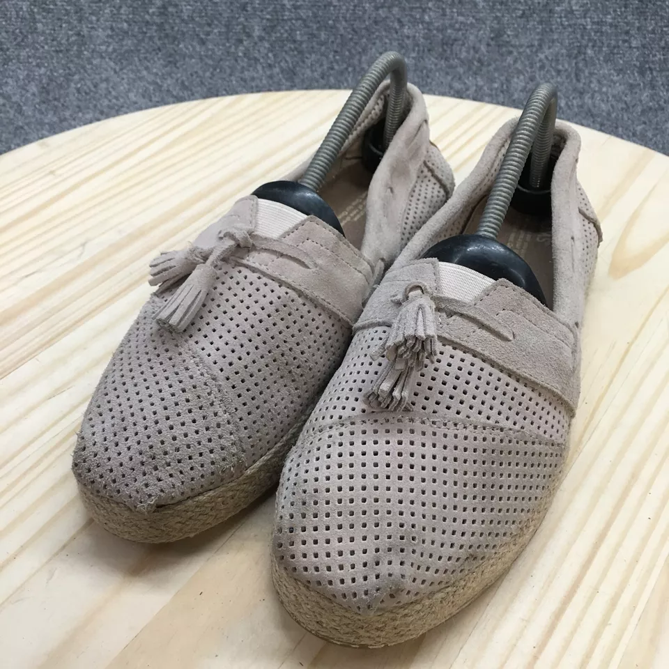 Toms Zapatos Mujer 11 Borlas Alpargatas Beige Gamuza Cómodo Perforado Bajo Foto 3 de 4