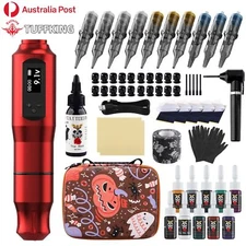 TUFFKING Tattoo Machine Kit Wireless Pen Gun Needle Power Supply Color Ink LCD 