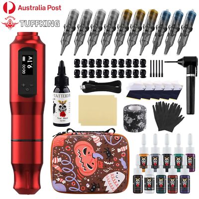 TUFFKING Tattoo Machine Kit Wireless Pen Gun Needle Power Supply Color Ink LCD 