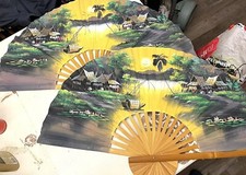 2 Vintage Chinese Bamboo Hand Painted Canvas Floral Folding Wall Fan Art Large