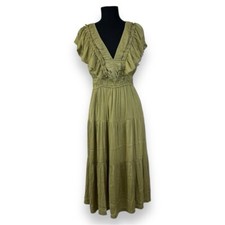 T Tahari Ruffle Tiered Dress Size L Chartreuse Green V Neck Tiered Ruffles