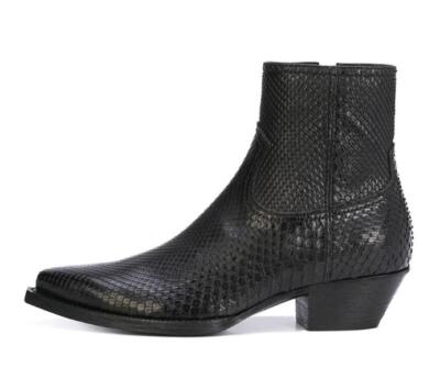 Men's Snakeskin Scallop Chelsea Boots Genuine Leather Pointed Toe Zipper Shoes