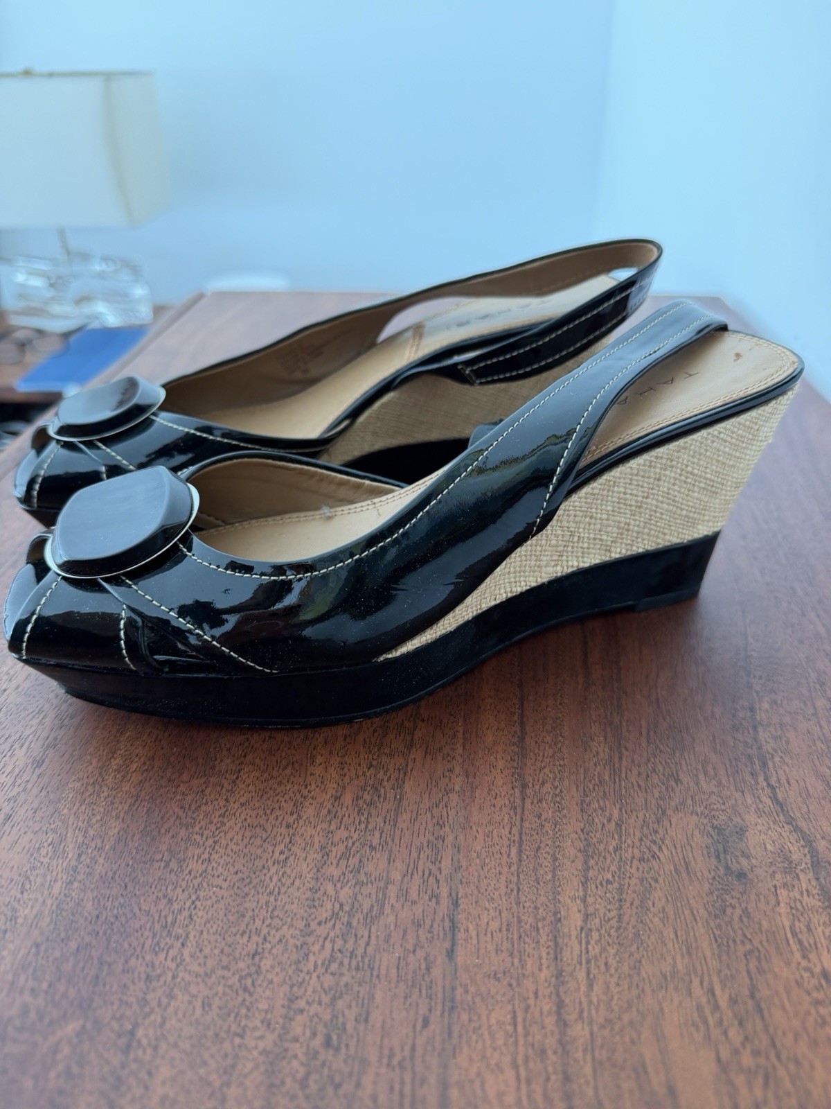 Tahari Women’s Black Patent Leather Slingback Wedge Sandals Open Toe 9.5