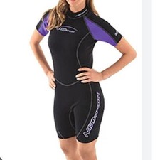 NeoSport Womens Shorty Wetsuit Sz 8 Black Purple 2mm Neoprene Scuba Surf Snorkel