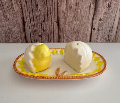 Vintage Hatching Chick Salt & Pepper Shakers w/ Egg Dish Set - Used/Good