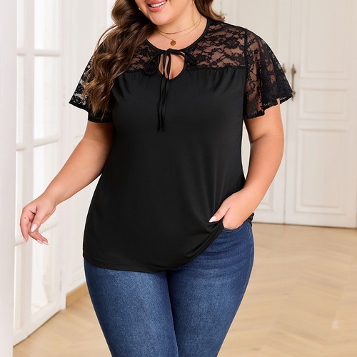 Plus Size Curvy Women Lace T-Shirt Ladies Frill Short Sleeve Casual Tops Blouse - Picture 6 of 16