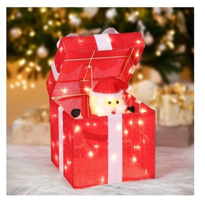 Christmas Electric Open Gift Box 12in Pop-up w Santa Claus, LED Lights, DAMAGED