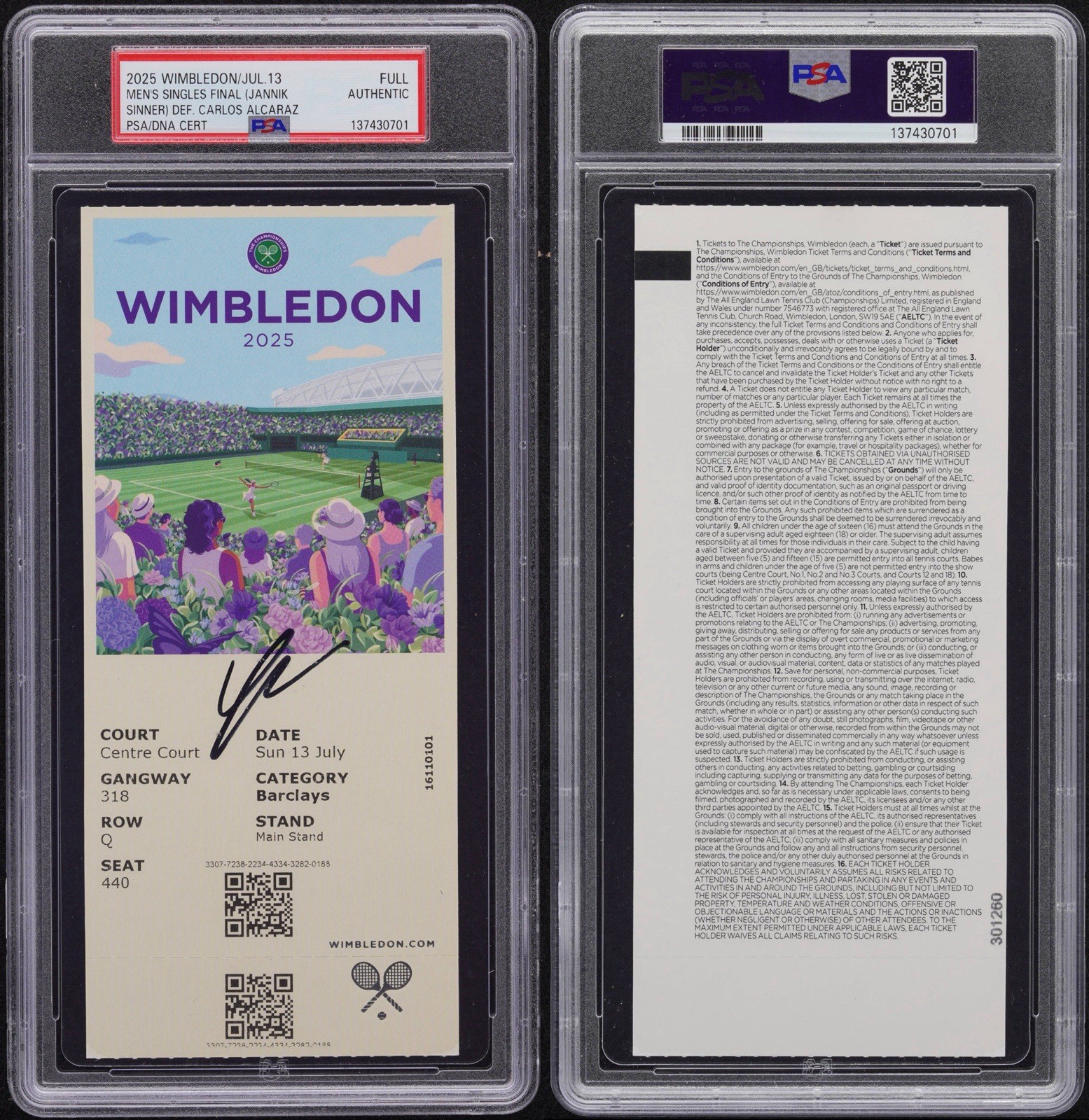 Jannik Sinner Signed 2025 Wimbledon Champion Full Ticket Stub PSA/DNA AUTHENTIC view 3